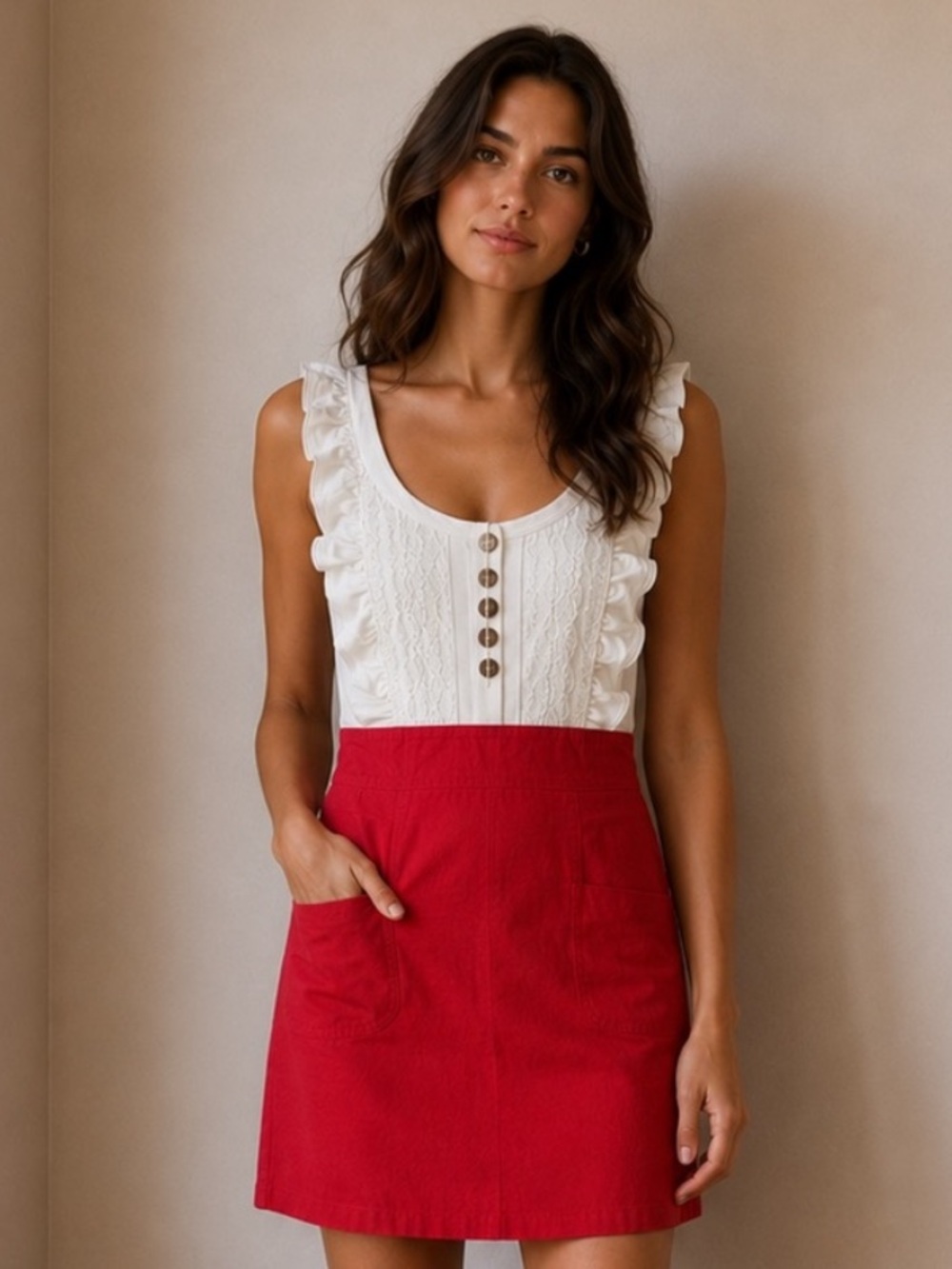 ModCloth Alythea White Ruffled Knit Top with Red Mini Skirt Dress